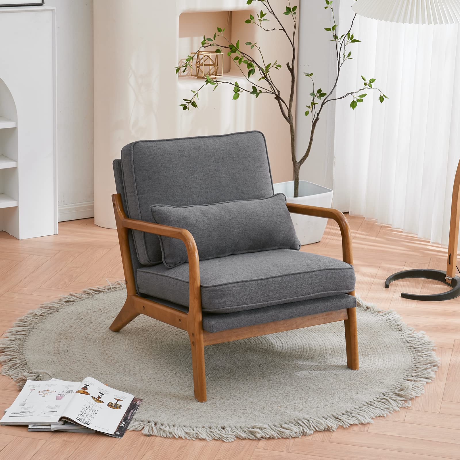 Karl home Accent Chair Mid-Century Modern Chair with Pillow Linen Fabric Upholstered Lounge Arm Chair with Solid Wood Frame & Soft Cushion for Living Room, Bedroom, Balcony, Beige