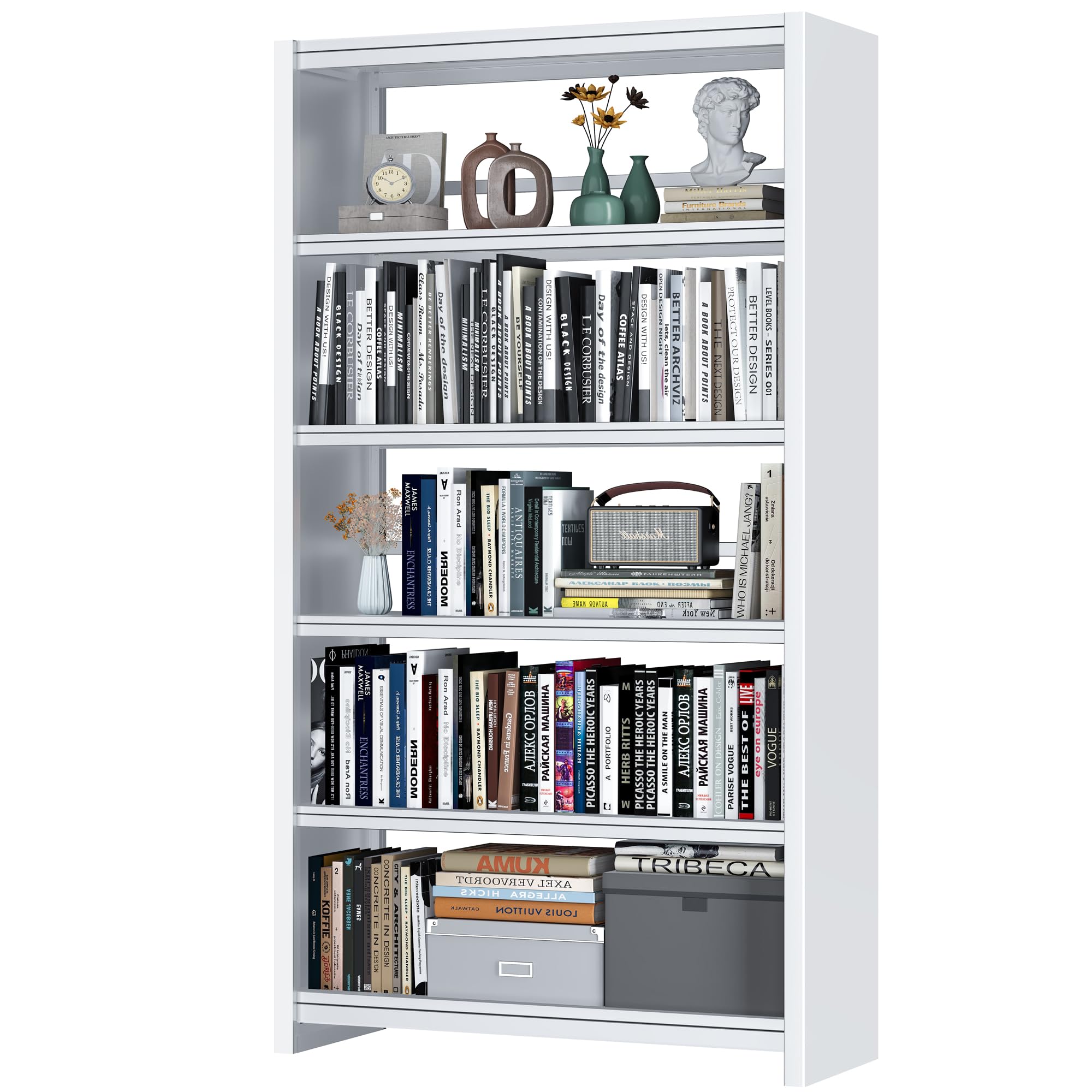 Bookshelf,6-Tier Adjustable Steel Book Shelf,61" H Heavy Duty Metal Bookcase for Home/Office/Garage,White Shelf (White, 61" Tall)