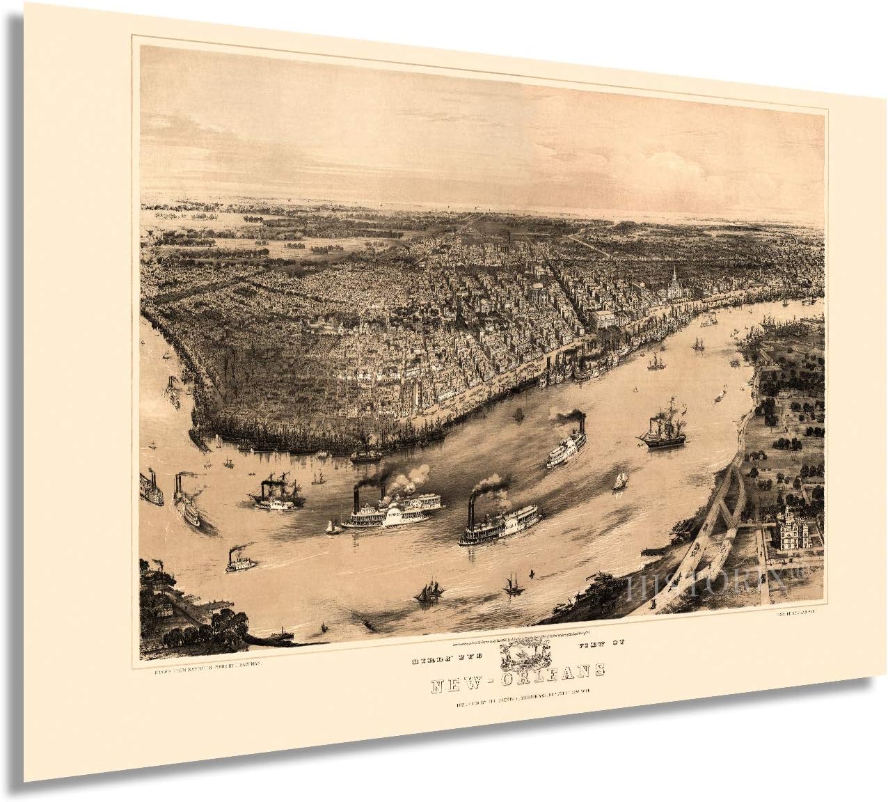 HISTORIX Vintage 1851 New Orleans Louisiana Map - 24x36 Inch Vintage Map of New Orleans Wall Art - New Orleans Vintage Map Poster - Historic Birds Eye View of New Orleans Vintage Map