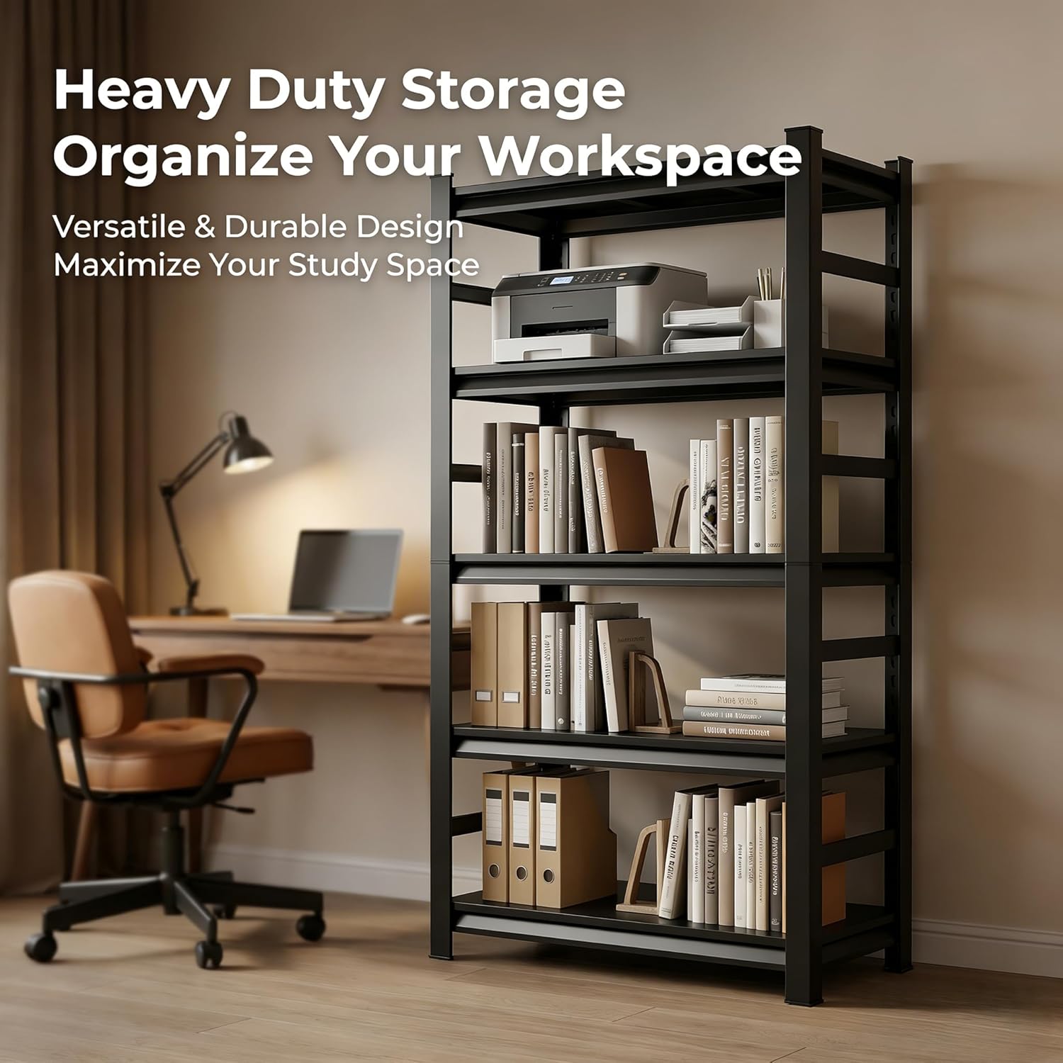 5-Tier Metal Bookshelf,Tall Book Shelf & Tall Printer Stand,36" W x 71" H Industrial Heavy Duty Metal Bookcase for Office, Home, Living Room - Adjustable Storage Rack, Easy Assembly, Black