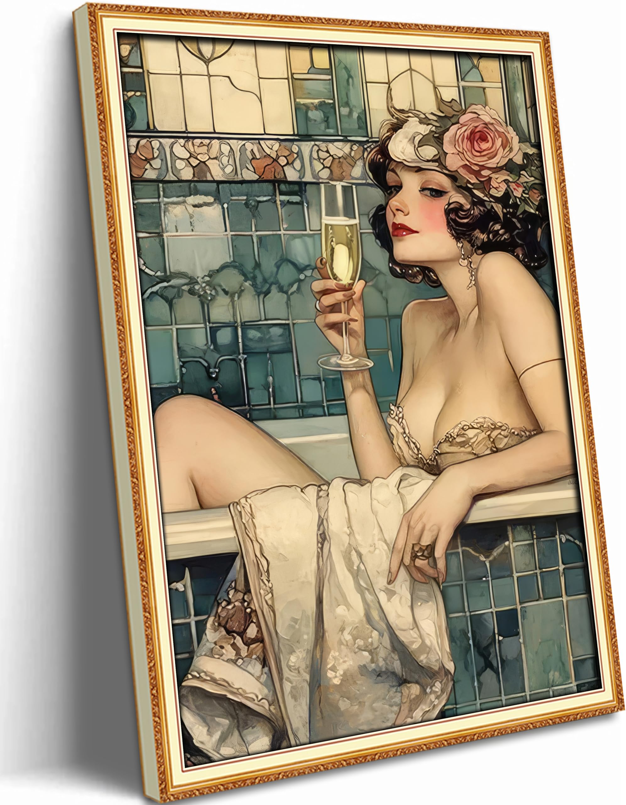 WWN Vintage Bathroom Canvas Wall Art Victorian Funky Woman in Bathtub Picture Wall Decor Trendy Champagne Bar Cart Decor Painting Poster Print for Bathroom Toilet Bar Home Decor,16x24in Wrapped Canvas