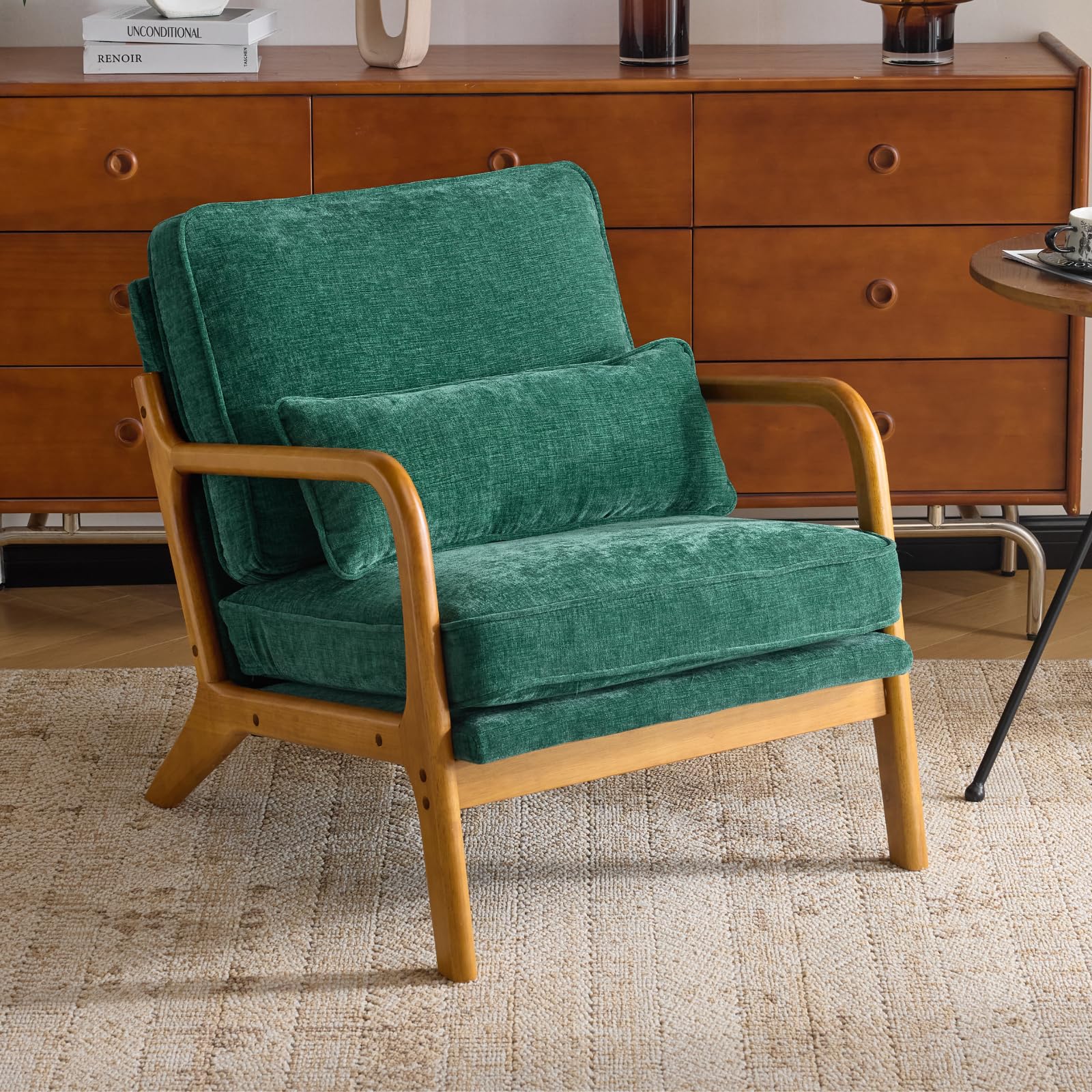 Karl home Accent Chair Mid-Century Modern Chair with Pillow Linen Fabric Upholstered Lounge Arm Chair with Solid Wood Frame & Soft Cushion for Living Room, Bedroom, Balcony, Beige