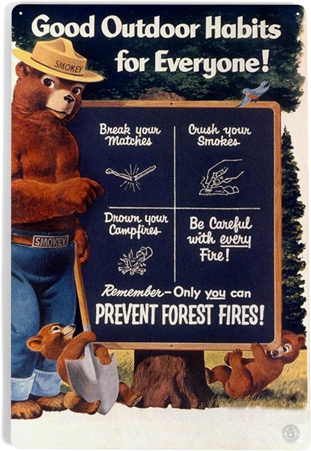 Lantern Press Smokey Bear, Good Outdoor Habits, Vintage Poster, 12x18 Inch Aluminum Sign, Indoor or Outdoor Use