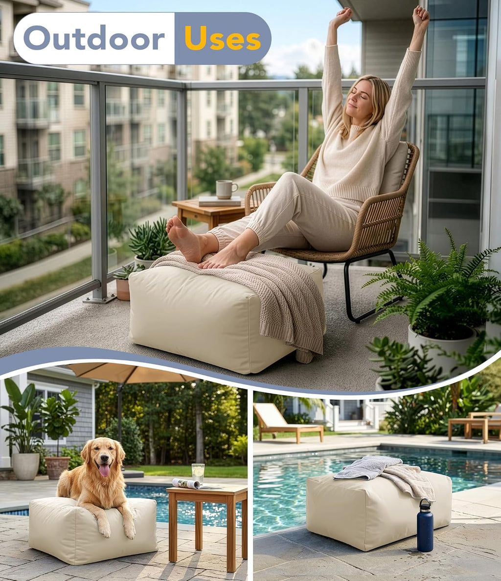 Beige Rectangular Outdoor Bean Bag Ottoman with Shredded Foam, Splash-Proof Removable Zipper Cover