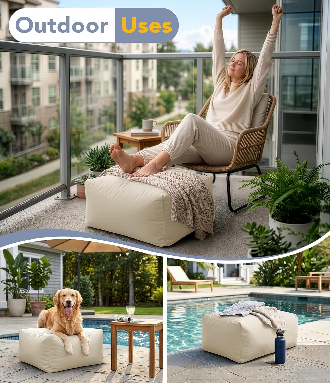Beige Rectangular Outdoor Bean Bag Ottoman with Shredded Foam, Splash-Proof Removable Zipper Cover