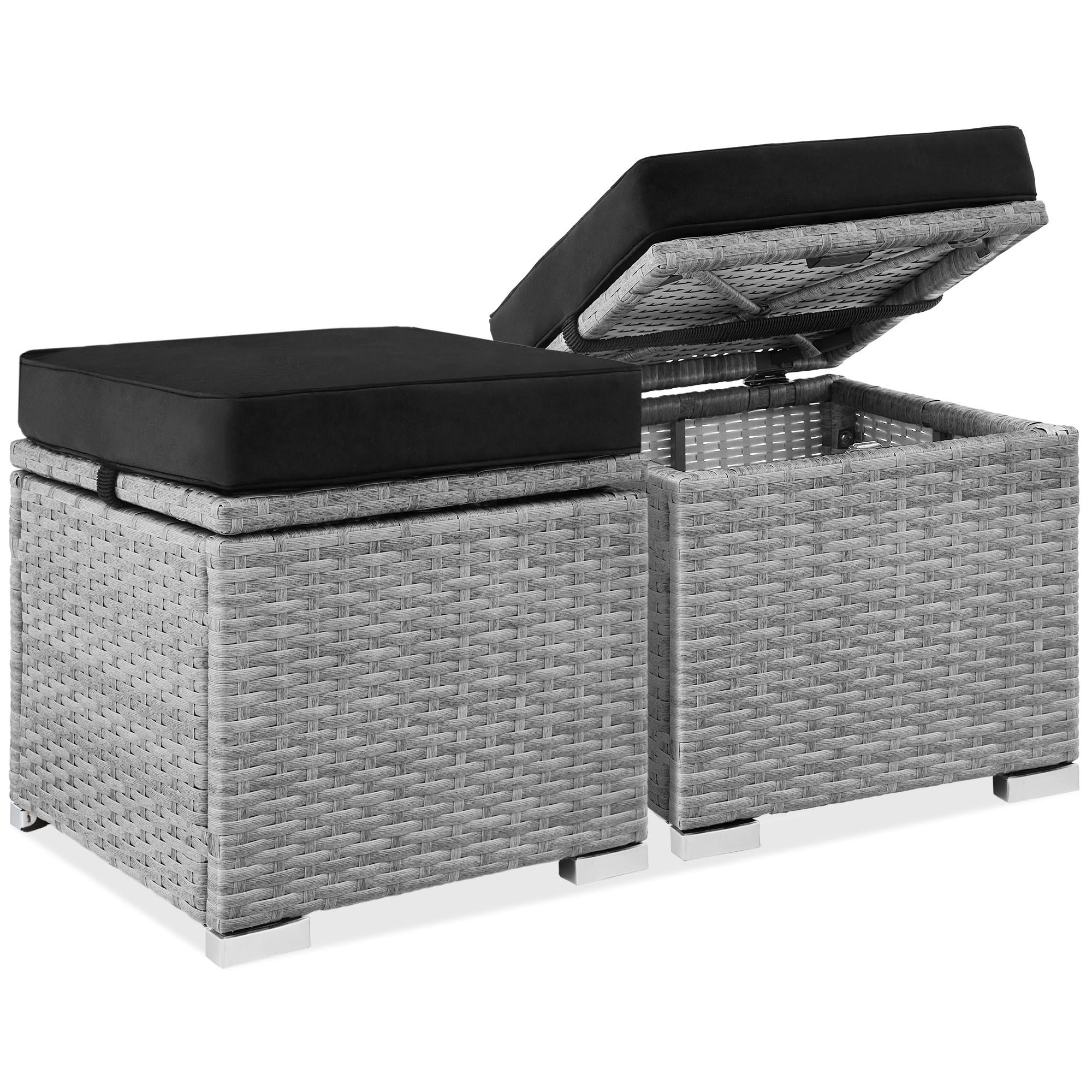 Best Choice Products Set of 2 Wicker Ottomans, Multipurpose Outdoor Furniture for Patio, Backyard, Additional Seating, Footrest, Side Table w/Storage, Removable Cushions - Brown/Beige