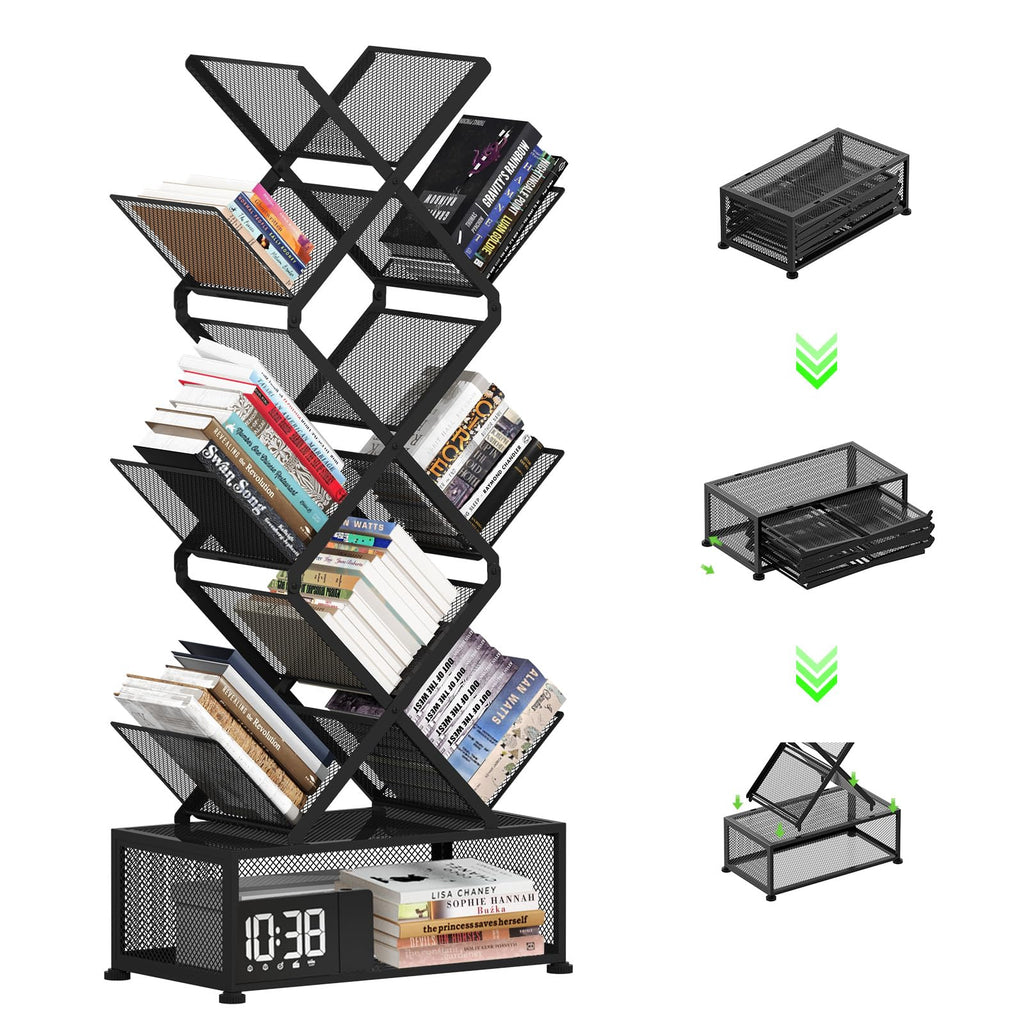 Gintan 9-Tier Space Saving Book Shelf with Storage,Bedroom Shelves Folding Bookshelves,No Installation Required Shelf Tree Metal Bookshelf for Living Room,Study,Home Office,Bed Room (Black)