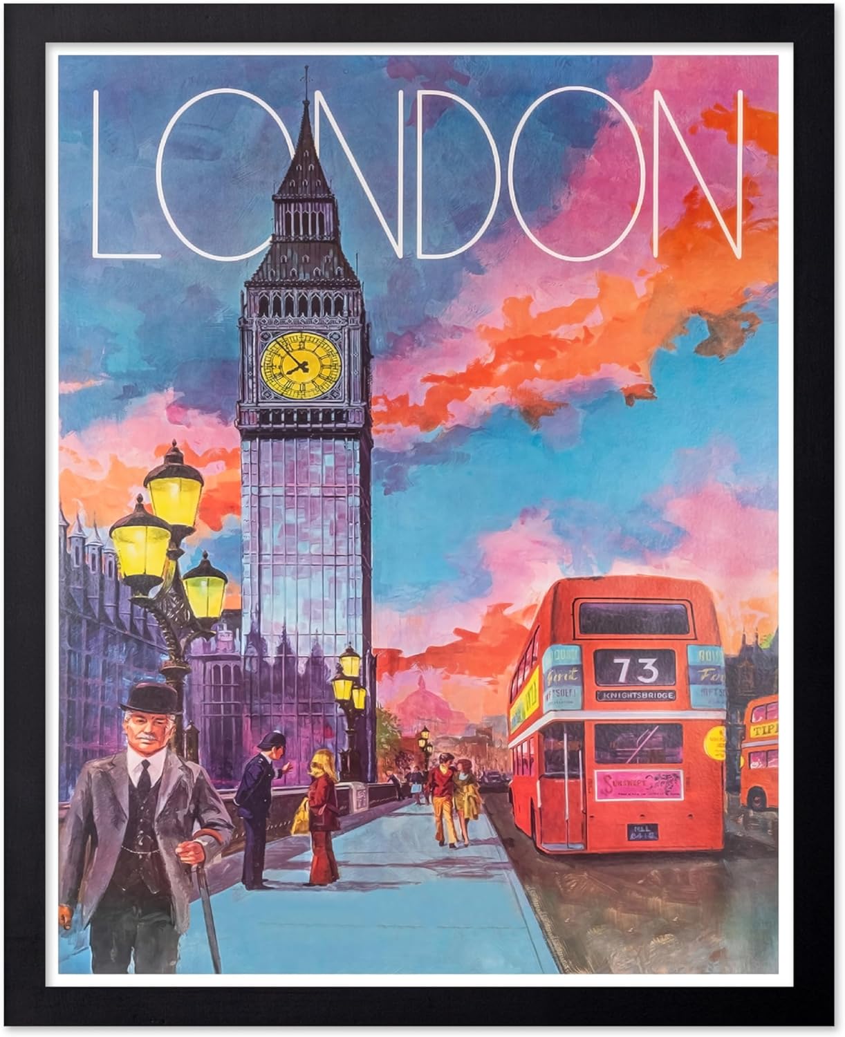 Poster Master Vintage Travel Poster - Retro London Print - Clock Tower Art - Gift for Him, Her, Travel Lover - Colorful Wall Decor for Bedroom, Living Room, Office, 8x10 Black Framed