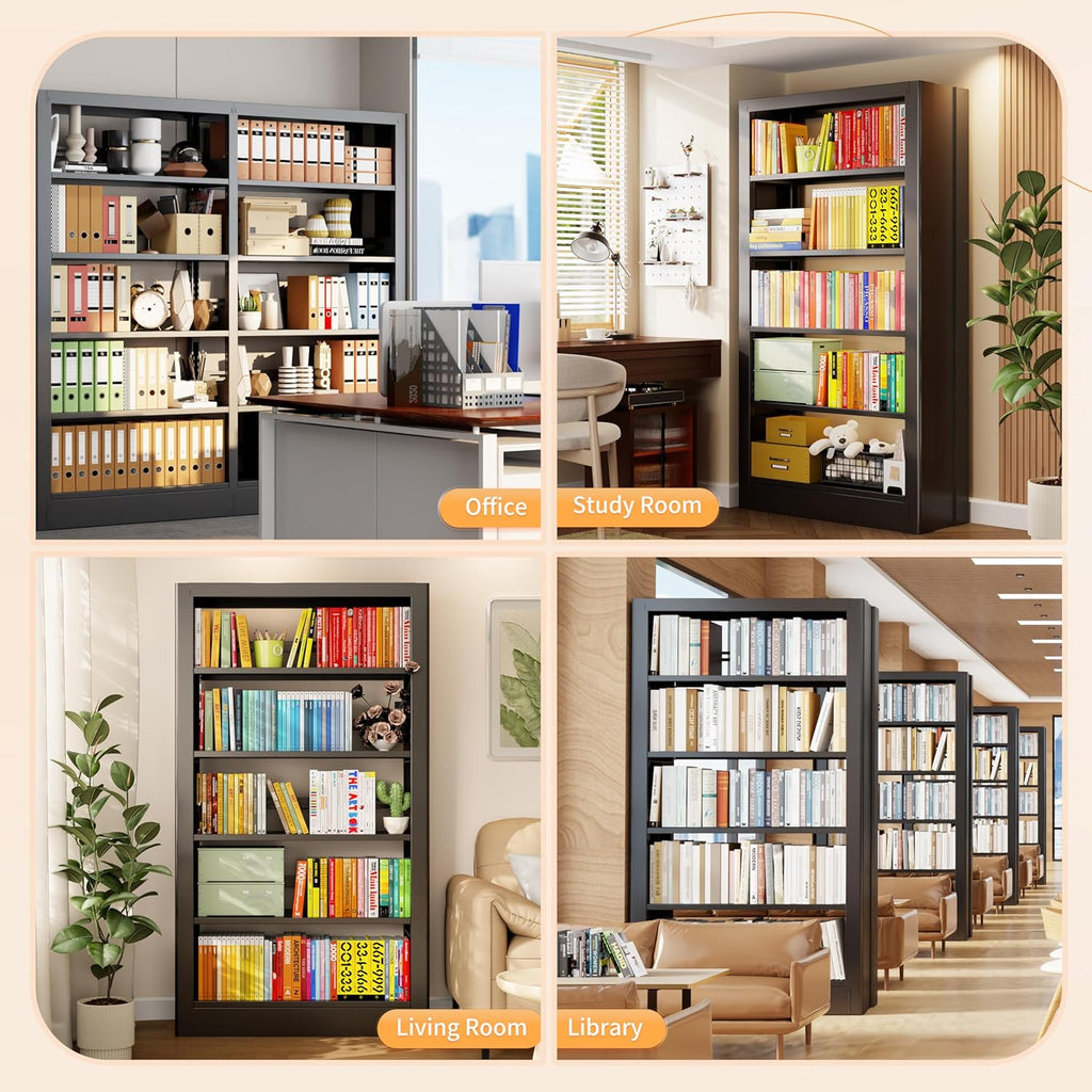 5-Tier Bookcase with Adjustable Storage Shelves, Heavy Duty Bookcase, Metal Bookshelf with Book Stopper, Black Bookcase Shelf for Library, Office, Living Room