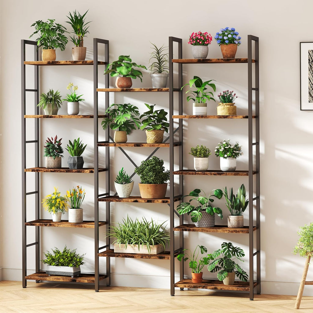 Shintenchi Triple Column 5 Tier Bookshelf, Industrial Large Bookcase Display Shelves, Large Etagere Bookshelf,Wide Book Shelf Book Case for Home & Office, Rustic Brown