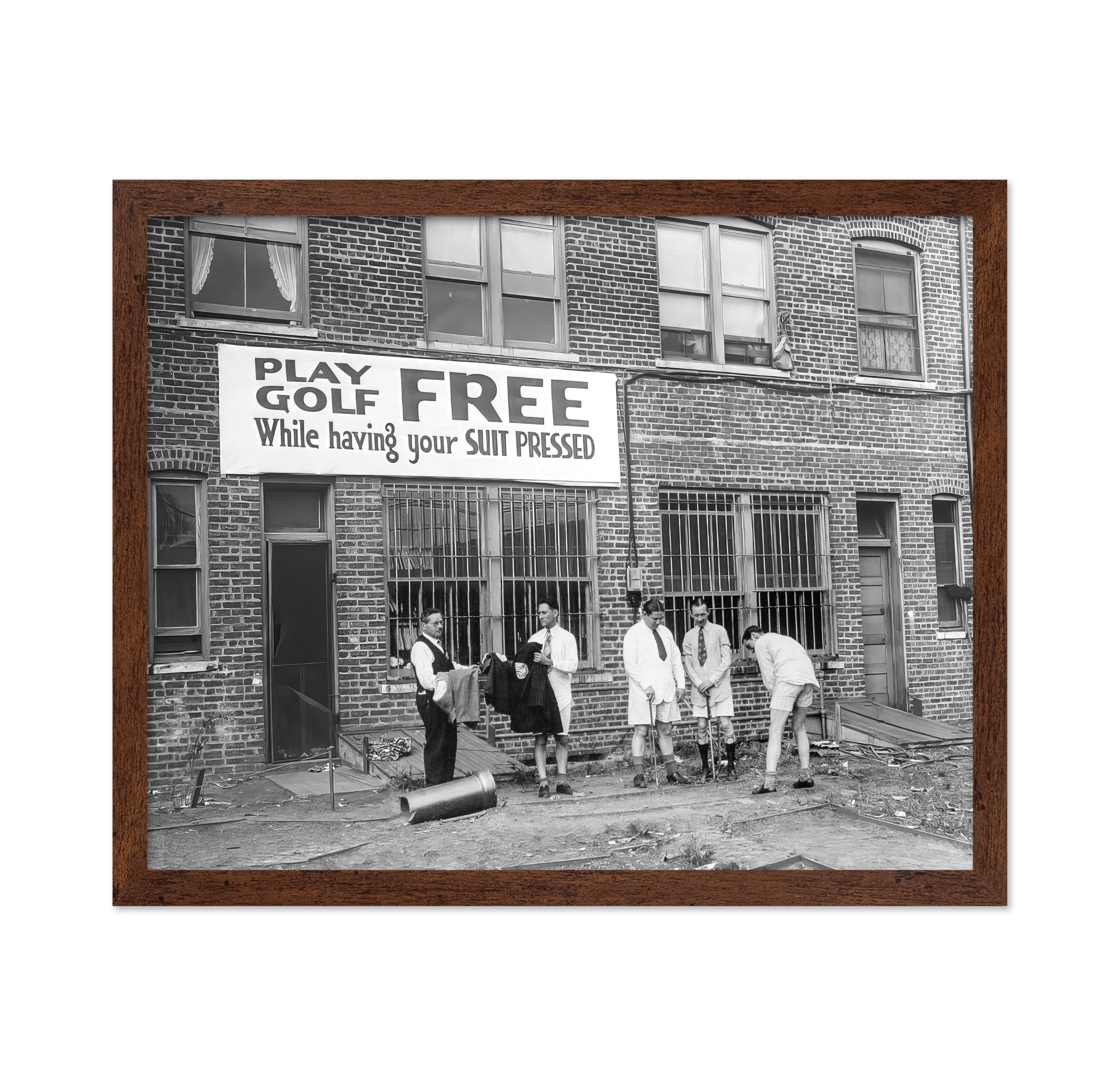 Poster Master Vintage Photograph Poster - Retro Funny Print - Gift for Artist, Friend - Play Golf Free, While Having Your Suit Pressed, Men - Wall Decor for Home, Office, 16x20 Beige Framed