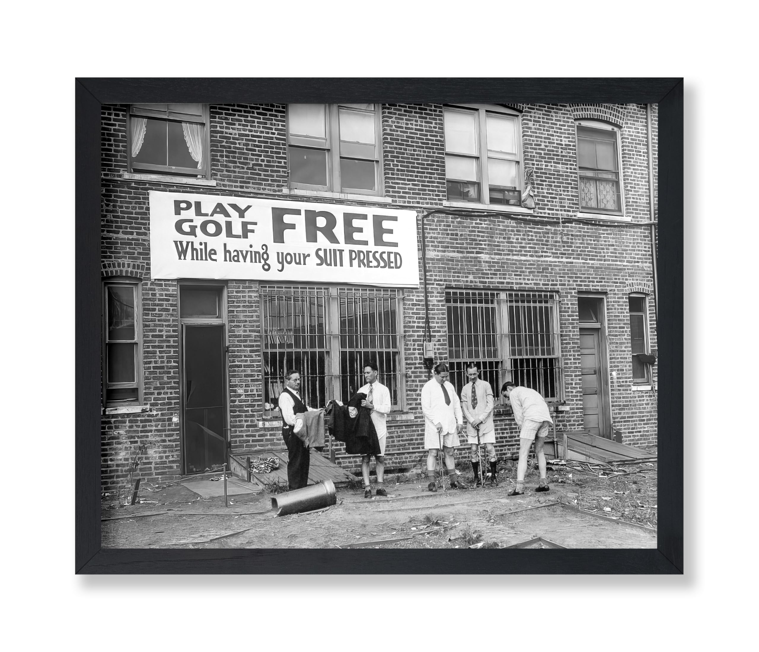 Poster Master Vintage Photograph Poster - Retro Funny Print - Gift for Artist, Friend - Play Golf Free, While Having Your Suit Pressed, Men - Wall Decor for Home, Office, 16x20 Beige Framed