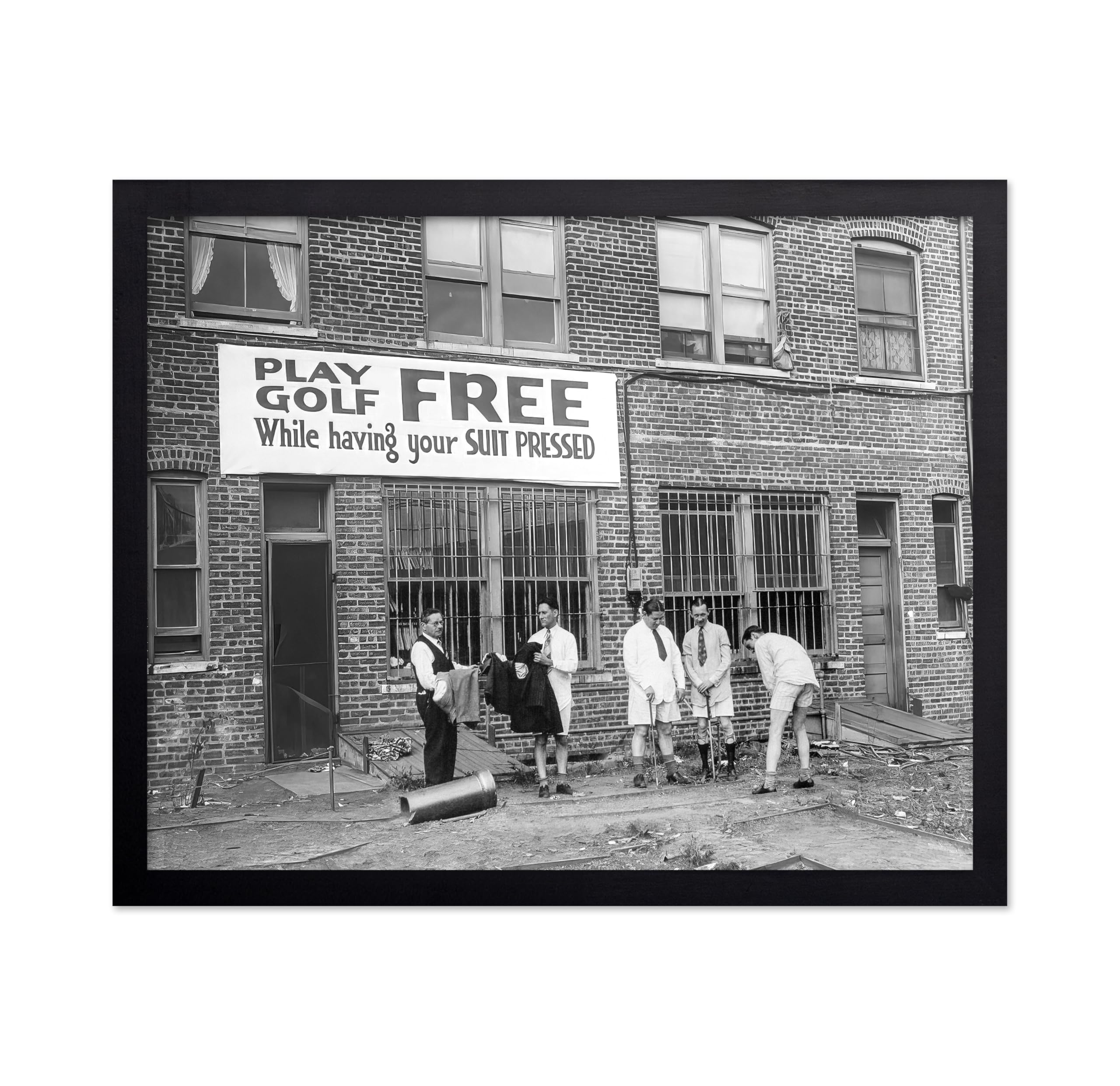 Poster Master Vintage Photograph Poster - Retro Funny Print - Gift for Artist, Friend - Play Golf Free, While Having Your Suit Pressed, Men - Wall Decor for Home, Office, 16x20 Beige Framed