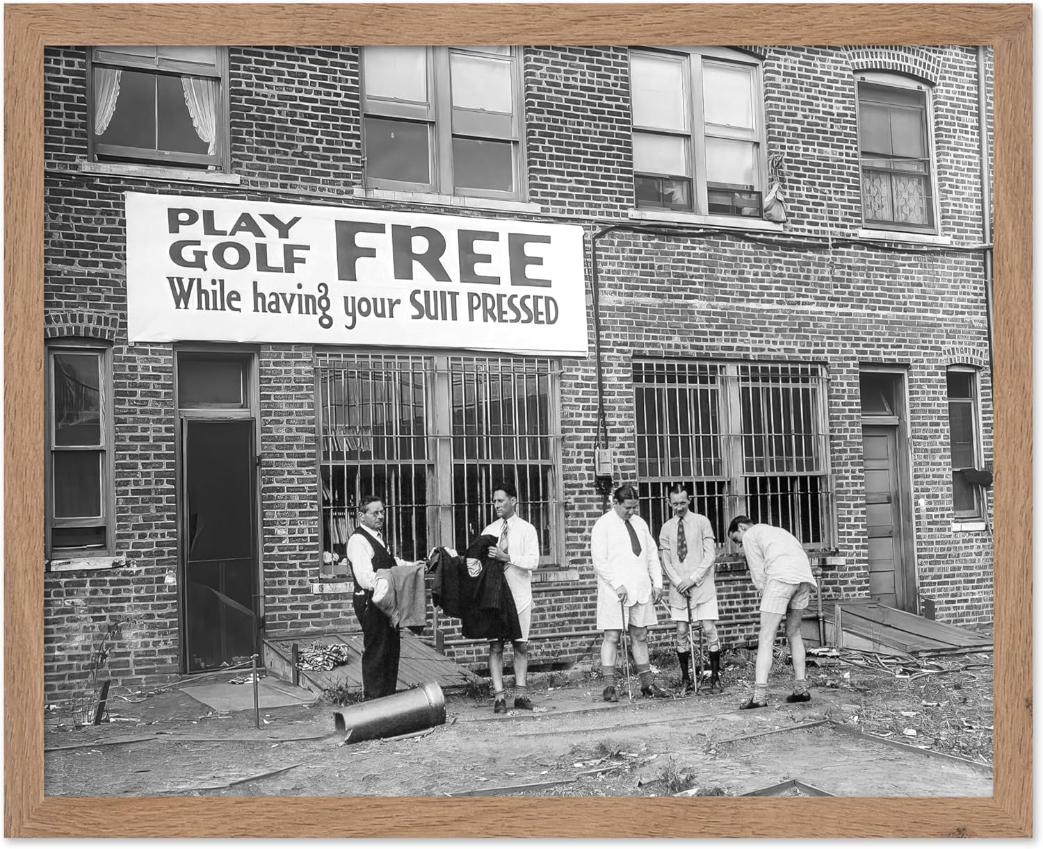 Poster Master Vintage Photograph Poster - Retro Funny Print - Gift for Artist, Friend - Play Golf Free, While Having Your Suit Pressed, Men - Wall Decor for Home, Office, 16x20 Beige Framed