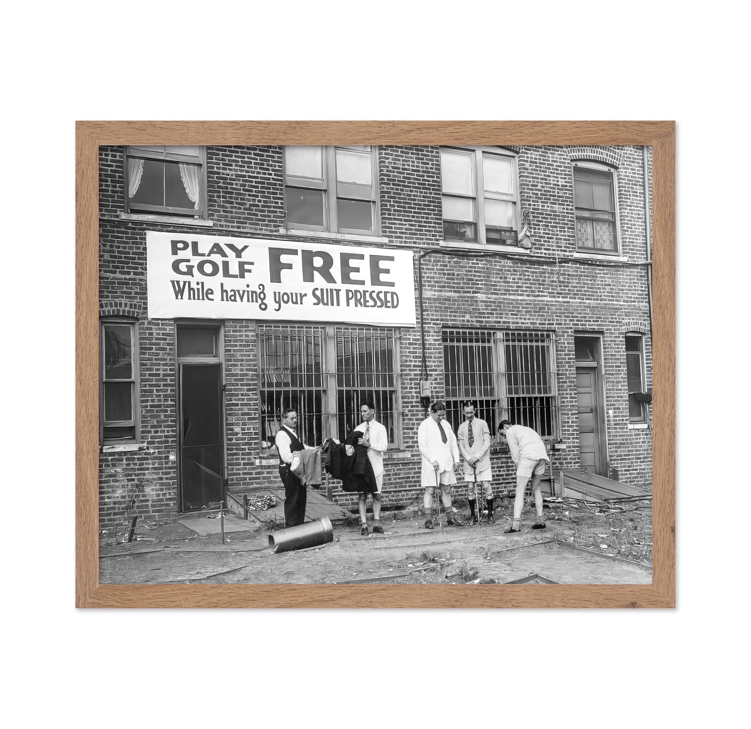 Poster Master Vintage Photograph Poster - Retro Funny Print - Gift for Artist, Friend - Play Golf Free, While Having Your Suit Pressed, Men - Wall Decor for Home, Office, 16x20 Beige Framed