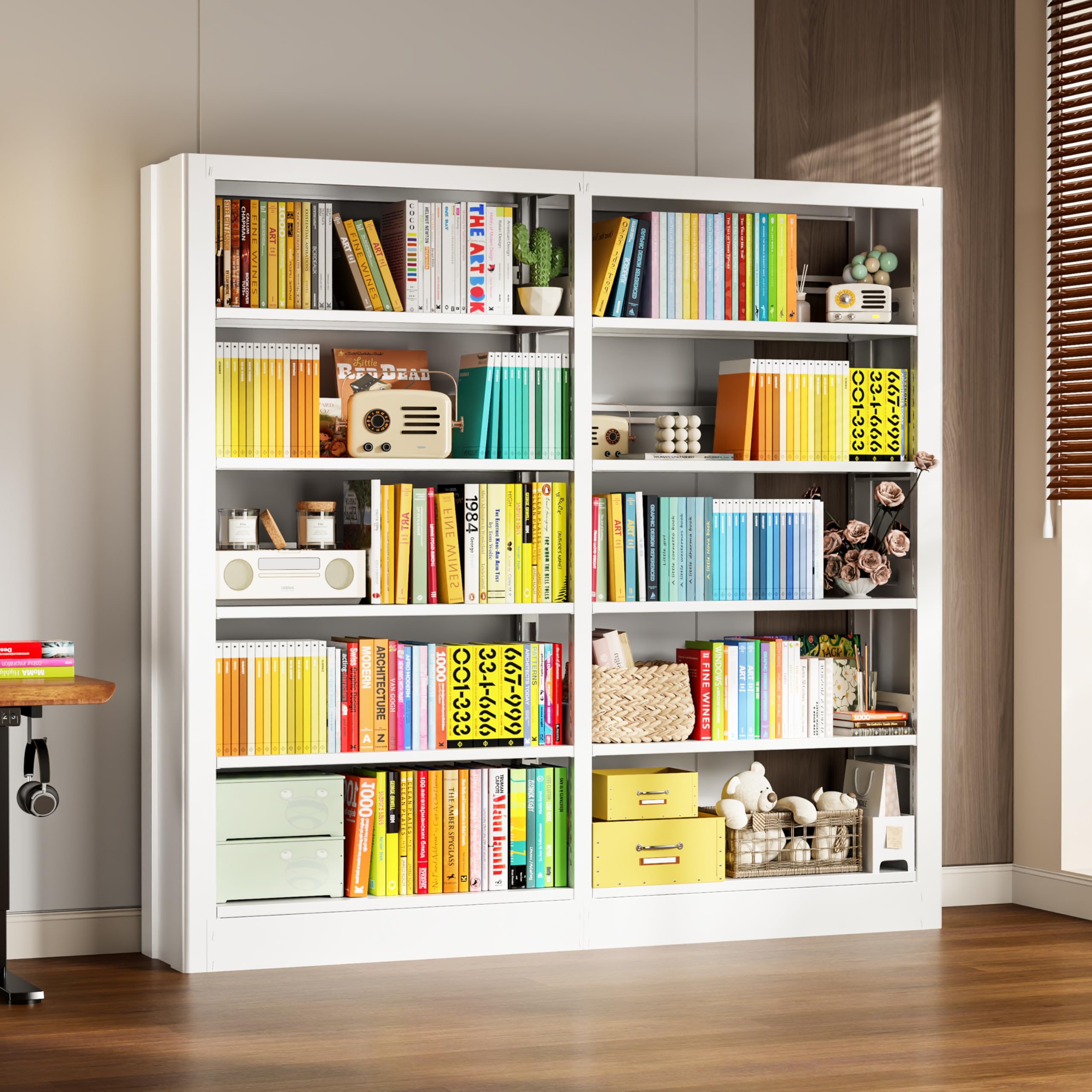 5-Tier Bookcase with Adjustable Storage Shelves, Heavy Duty Bookcase, Metal Bookshelf with Book Stopper, Black Bookcase Shelf for Library, Office, Living Room
