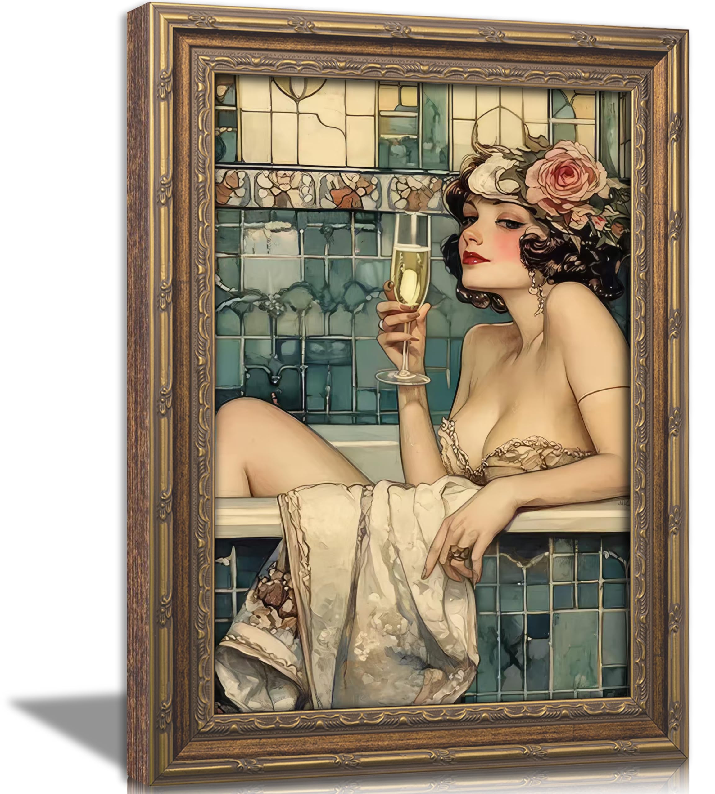 WWN Vintage Bathroom Canvas Wall Art Victorian Funky Woman in Bathtub Picture Wall Decor Trendy Champagne Bar Cart Decor Painting Poster Print for Bathroom Toilet Bar Home Decor,16x24in Wrapped Canvas