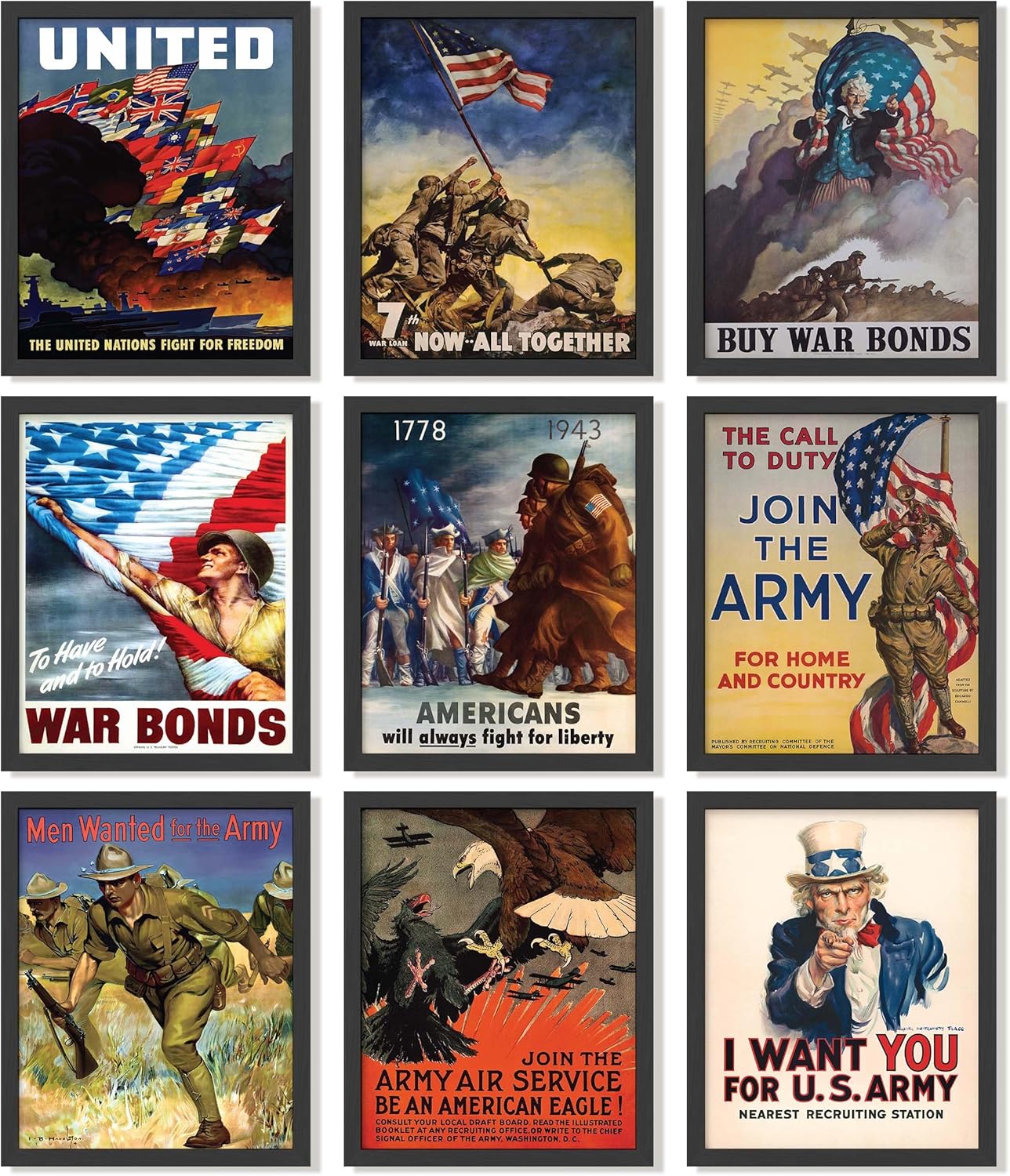 97 Decor FRAMED Vintage WW2 Poster - Us History Posters for Classroom Decorations, World War 2 Propaganda Pictures, World War II Army Art Prints, WW2 Memorabilia Military Wall Decor for Men (BLACK FRAME)