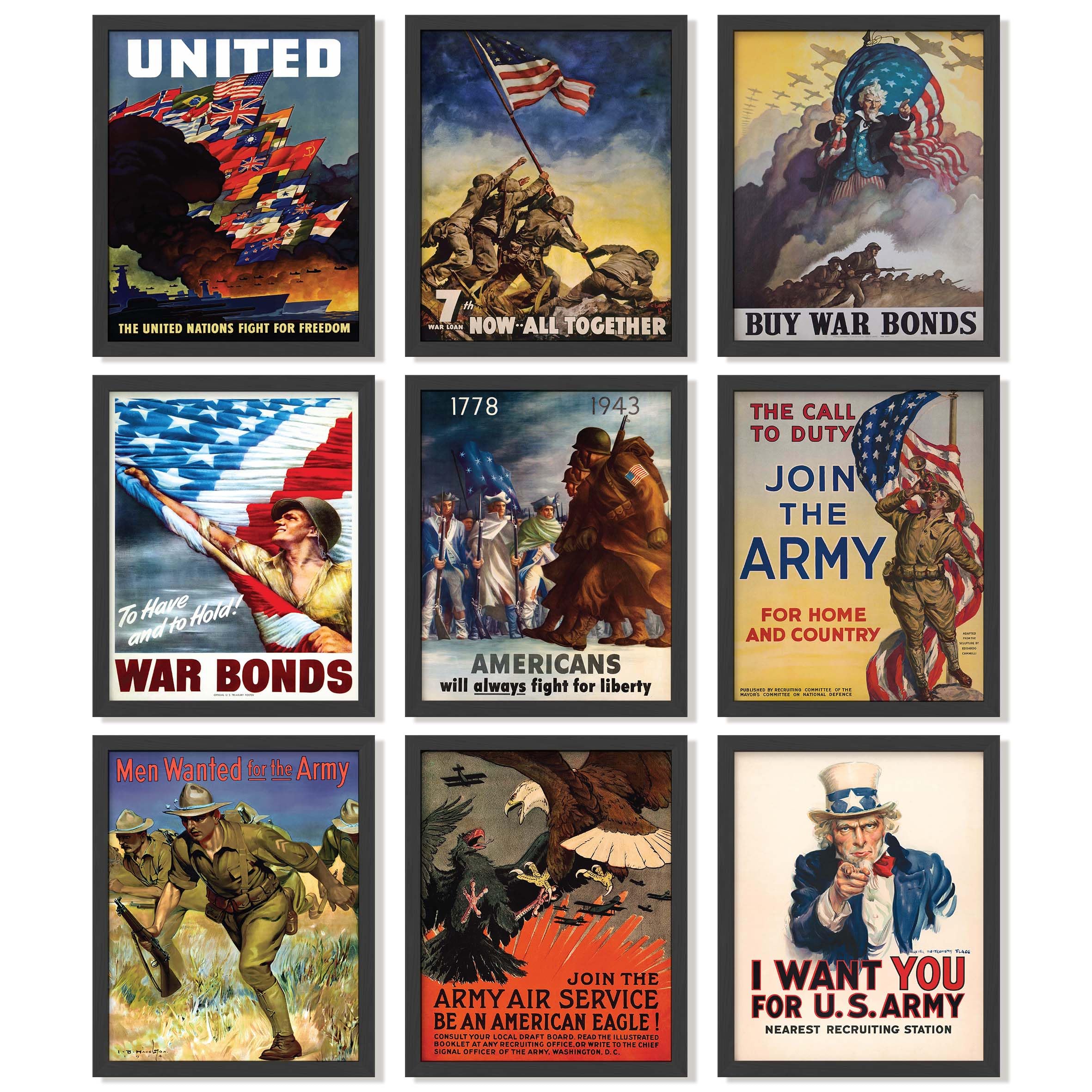 97 Decor FRAMED Vintage WW2 Poster - Us History Posters for Classroom Decorations, World War 2 Propaganda Pictures, World War II Army Art Prints, WW2 Memorabilia Military Wall Decor for Men (BLACK FRAME)