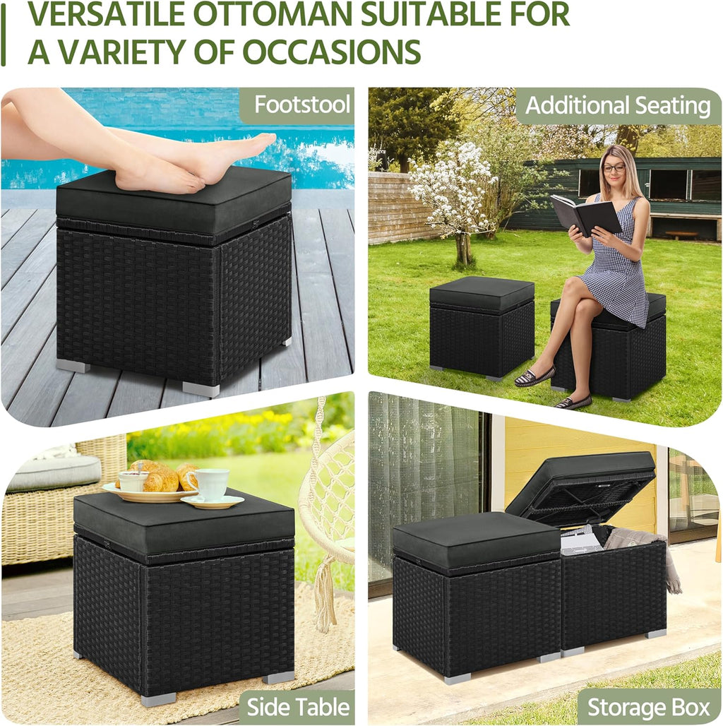 Yaheetech Wicker Ottomans, Set of 2 Patio PE Rattan Side Tables with Hidden Storage & Removable Cushion, Outdoor/Indoor Footstools, Additional Seating for Garden/Balcony/Yard, Black/Gray