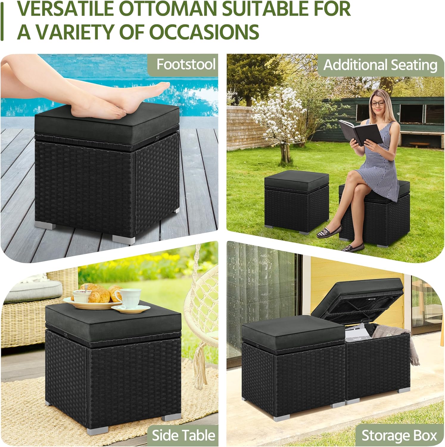 Yaheetech Wicker Ottomans, Set of 2 Patio PE Rattan Side Tables with Hidden Storage & Removable Cushion, Outdoor/Indoor Footstools, Additional Seating for Garden/Balcony/Yard, Black/Gray