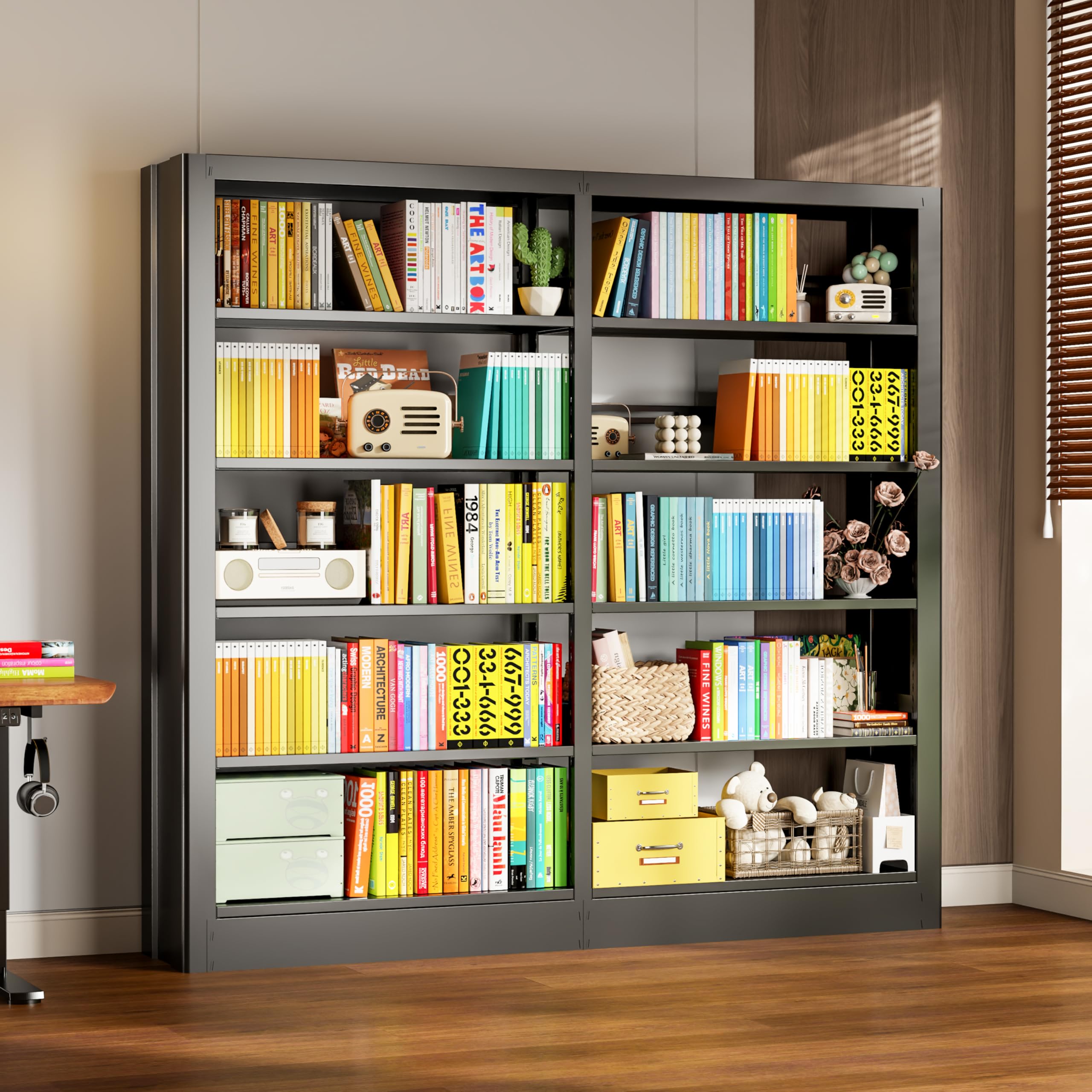 5-Tier Bookcase with Adjustable Storage Shelves, Heavy Duty Bookcase, Metal Bookshelf with Book Stopper, Black Bookcase Shelf for Library, Office, Living Room