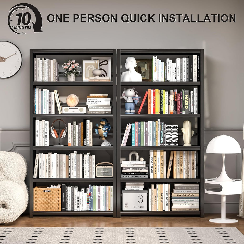 69" Black 5-Tier Heavy-Duty Industrial Metal Bookshelf, Wide Storage Display Shelving for Home & Office